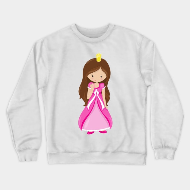 Cute Princess, Crown, Brown Hair, Pink Dress Crewneck Sweatshirt by Jelena Dunčević